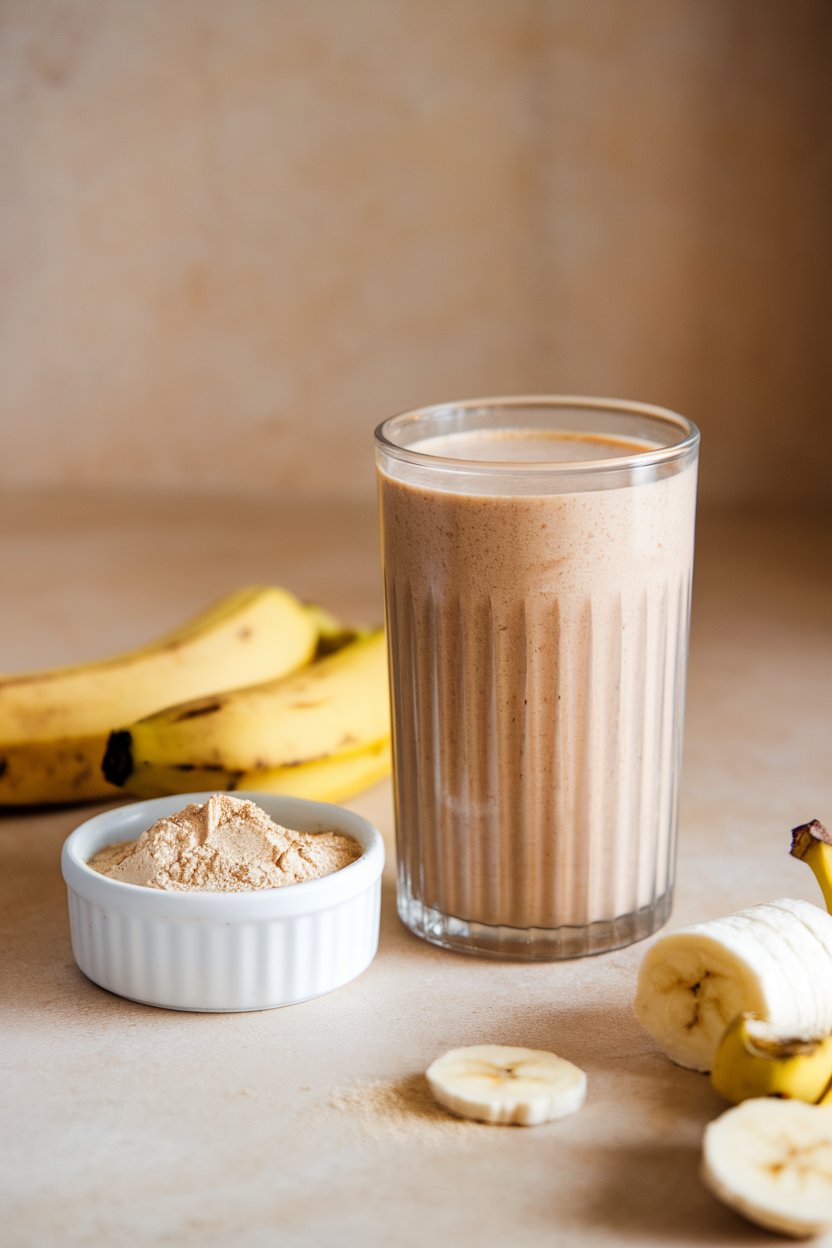 An indoor kitchen counter with a tall glass of creamy peanut butter banana smoothie beside a small dish of protein powder; no text or logos. Photo only.