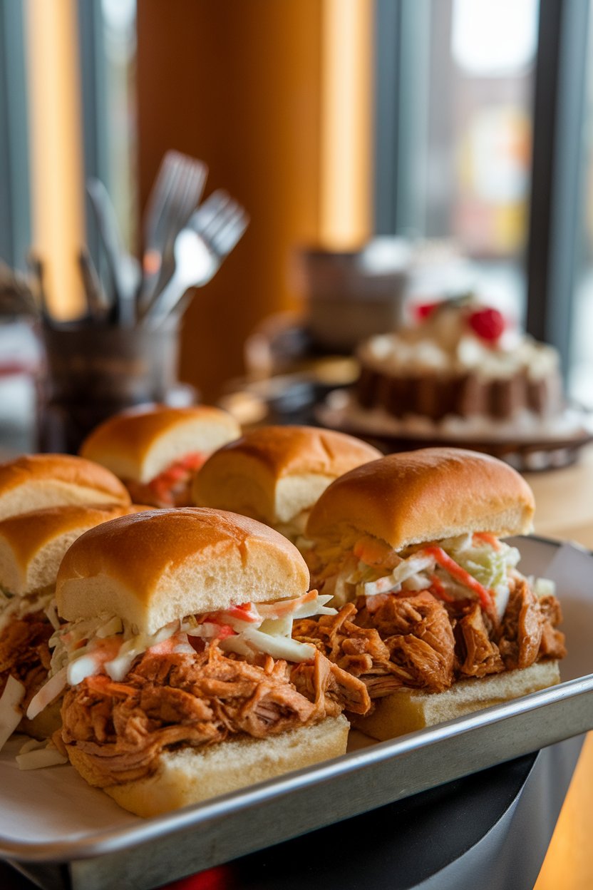 A warmly lit indoor tray of slider buns piled with saucy pulled chicken and crunchy coleslaw. No text or logos. Photo, not illustration.