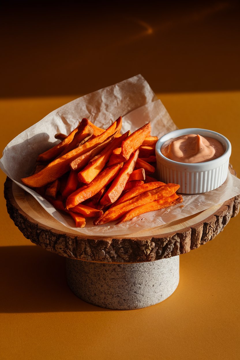 Photo prompt: Indoor serving board lined with parchment and piled high with roasted sweet potato fries beside a ramekin of creamy chipotle vegan mayo. Warm light; no text or logos. Photo, not illustration.
