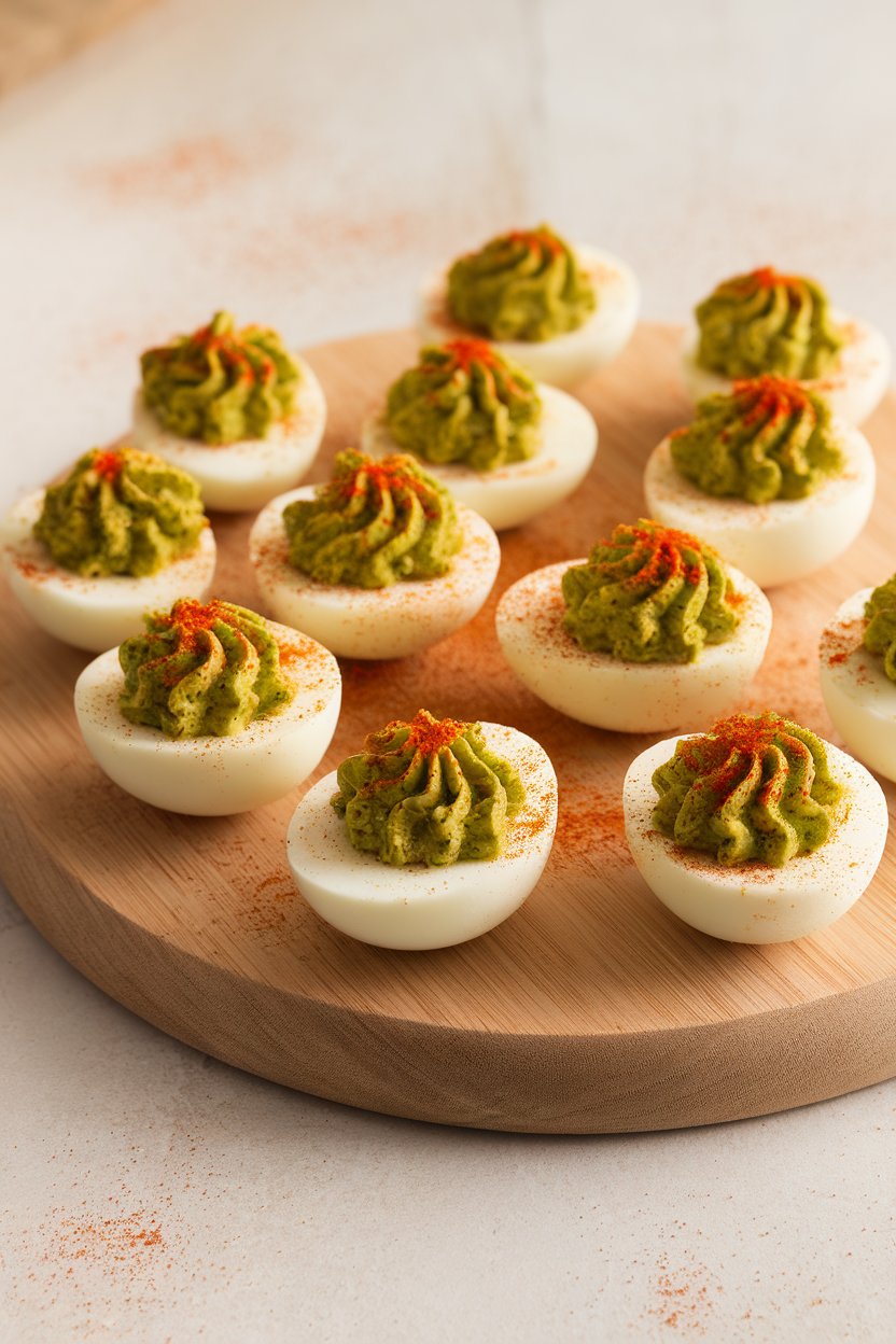 Indoor photo of deviled eggs with bright green pesto filling piped neatly, sprinkled with paprika, no text or logos