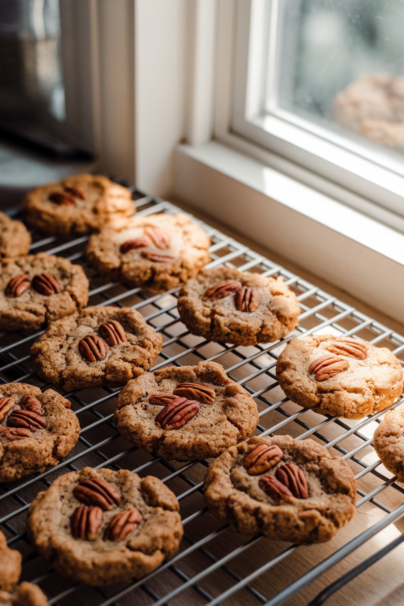 Indoor photo of chewy cookies studded with pecans on a cooling rack, brown butter speckles visible. No text or logos.