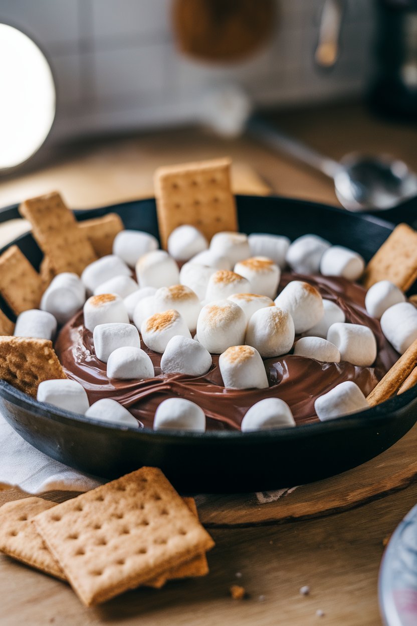 Indoor photo of a skillet filled with melted chocolate and toasted marshmallows, graham cracker pieces surrounding; no text or logos.