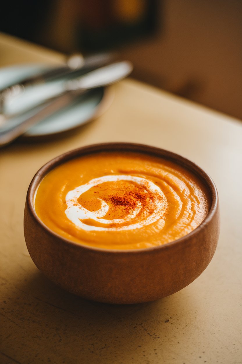 A smooth bowl of golden butternut squash soup placed on an indoor table, topped with a swirl of coconut milk and pinch of paprika. No text or logos. Photo only.