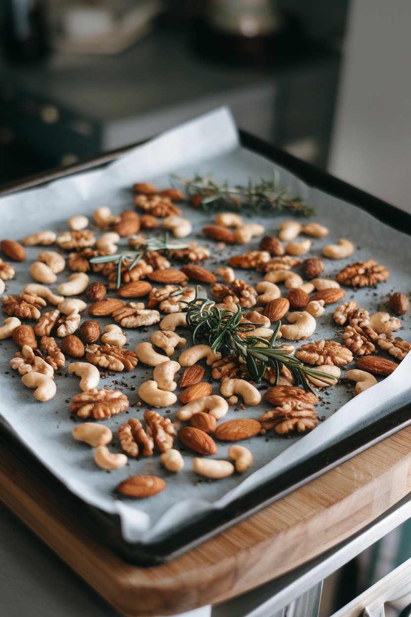 Indoor photo of a baking sheet of mixed nuts coated in visible herbs and garlic granules, cooling on parchment. No text or logos.