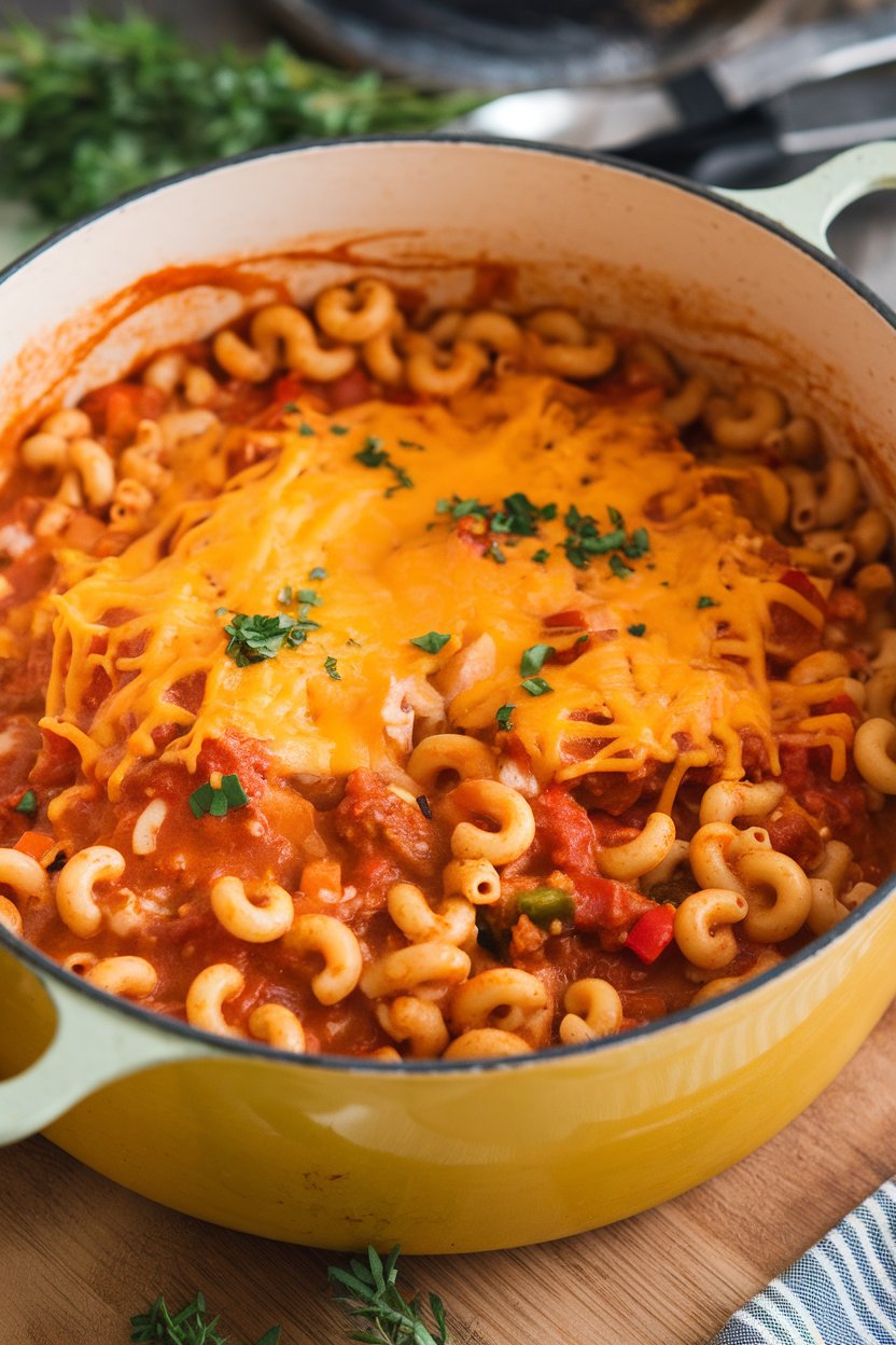 Indoor pot of cheesy chicken chili mac, macaroni elbows swimming in tomato-chili sauce with melted cheddar on top. Photo only.
