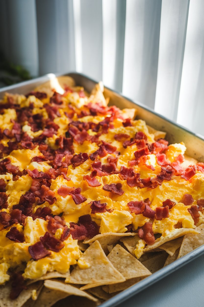 Indoor morning light over a sheet pan of nachos topped with scrambled eggs, crisp bacon bits, and cheddar; no text or logos, photo not illustration.