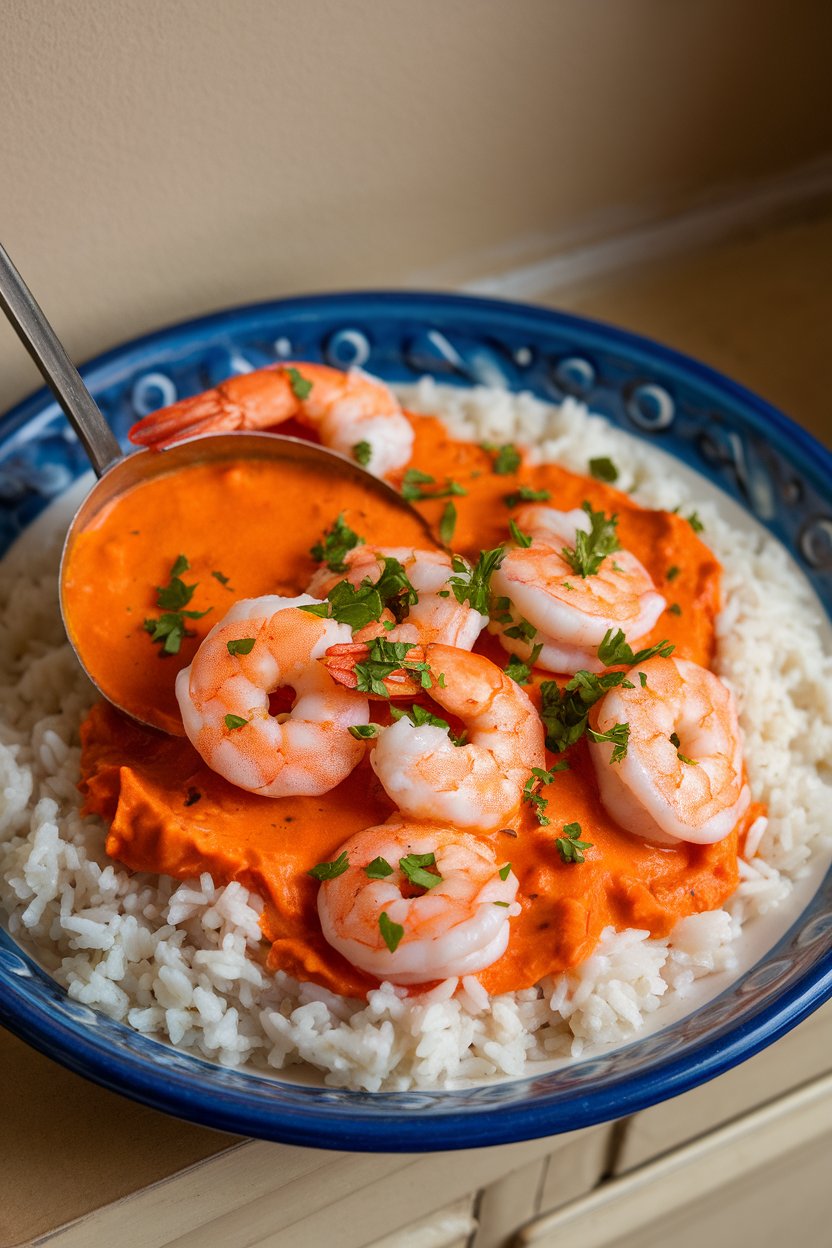 A close-up of a ceramic plate indoors showing bright orange shrimp étouffée ladled over white rice, garnished with chopped parsley. Photo, no text or logos.