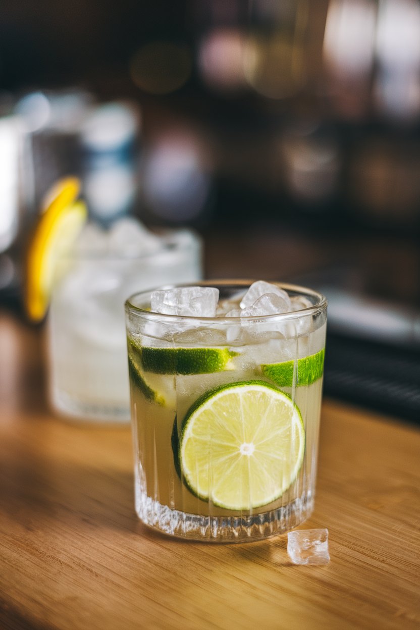Indoor wooden counter with a short glass of muddled lime wedges and cachaca over crushed ice, sugar crystals visible, no text or logos. Photo only.