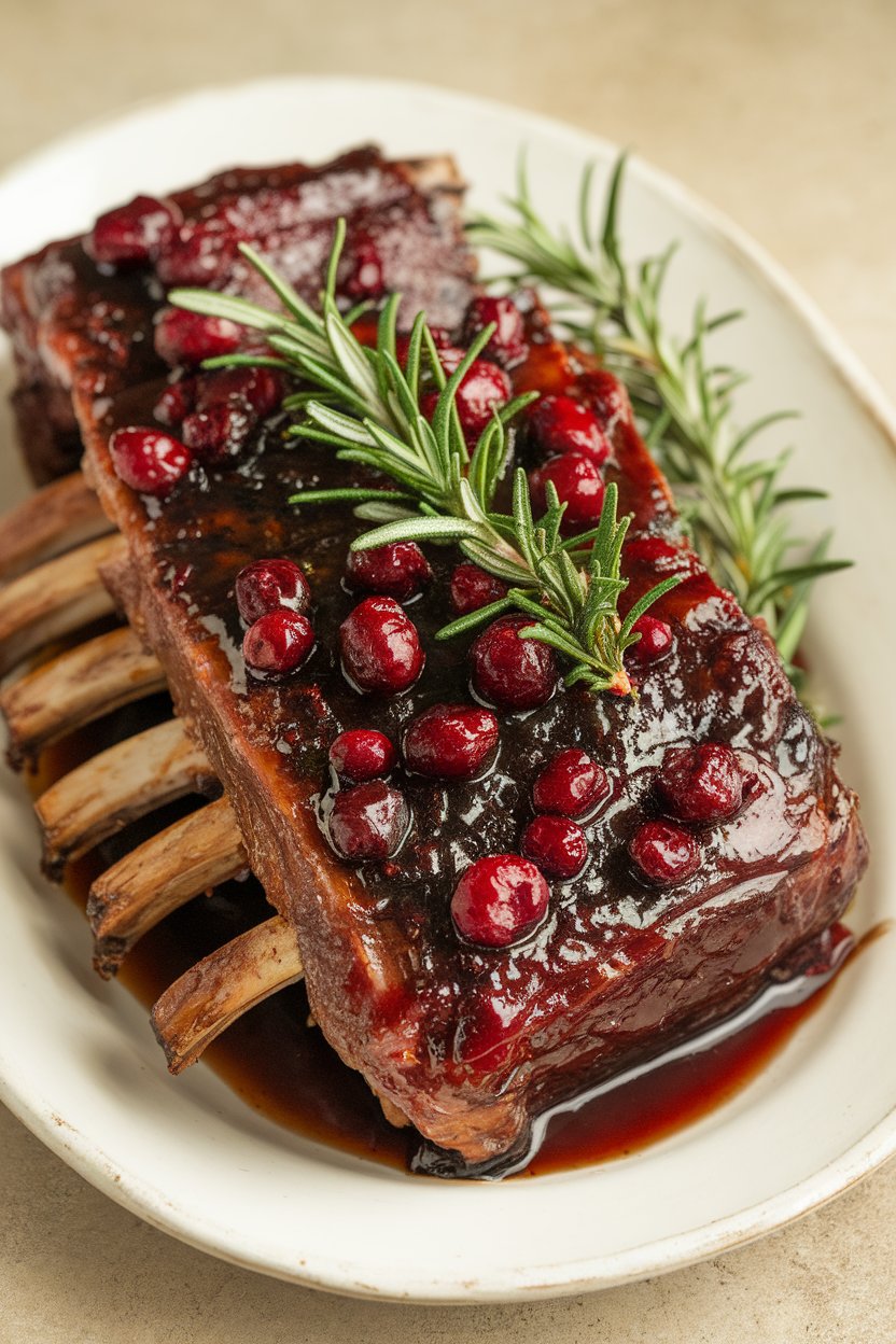 Indoor photo of short ribs in deep cranberry-balsamic glaze, rosemary sprig; no text or logos