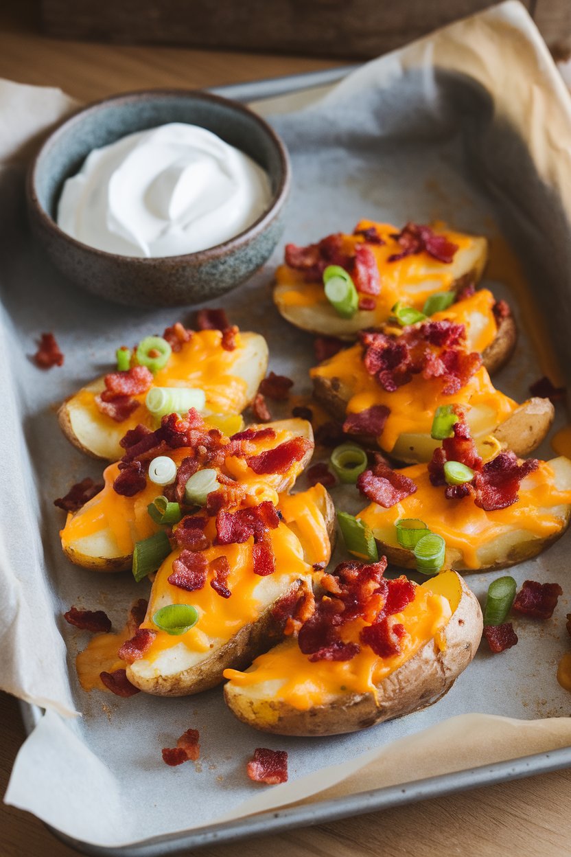 Parchment-lined pan indoors with potato wedges topped with melted cheddar, bacon bits, and green onions, sour cream bowl nearby. No logos or text.