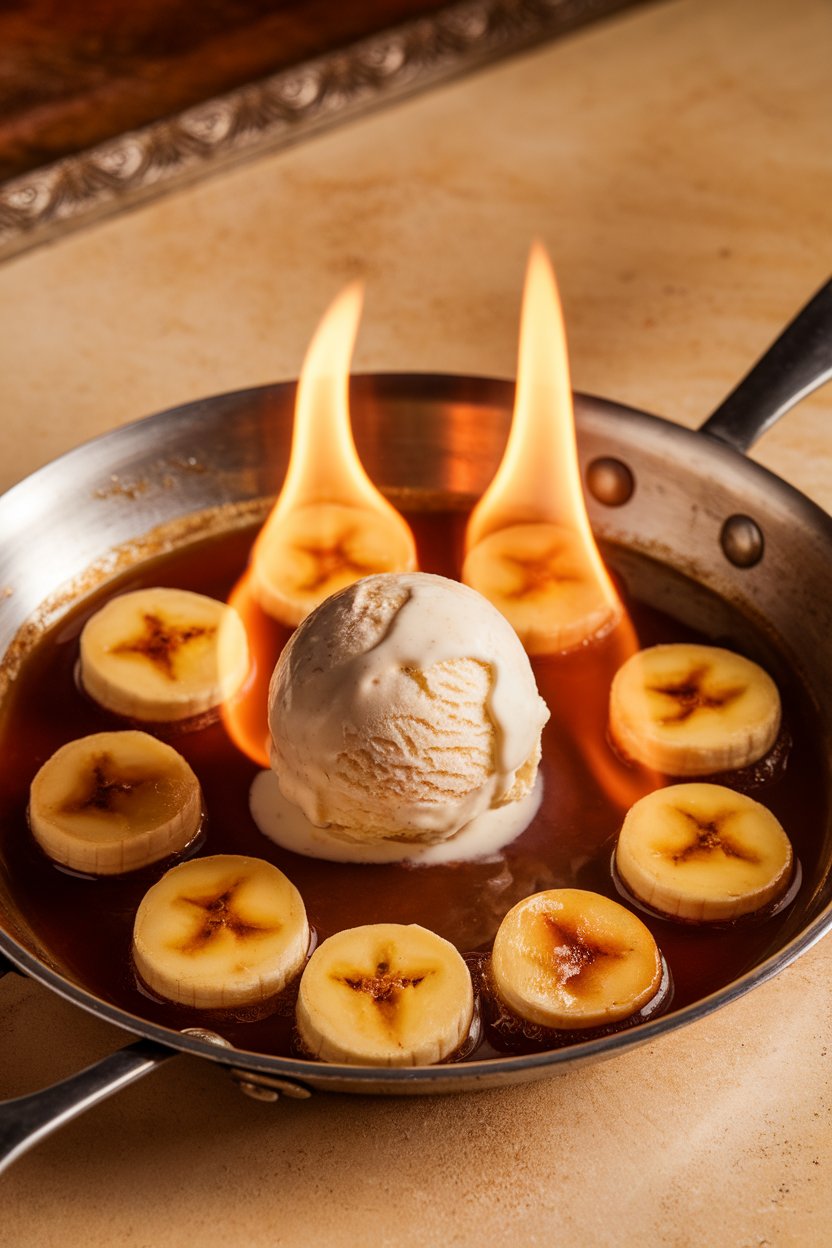 Indoor photo of a shallow skillet with caramelized banana rounds flamed in rum sauce, a scoop of vanilla ice cream beginning to melt on top. No text or logos visible.