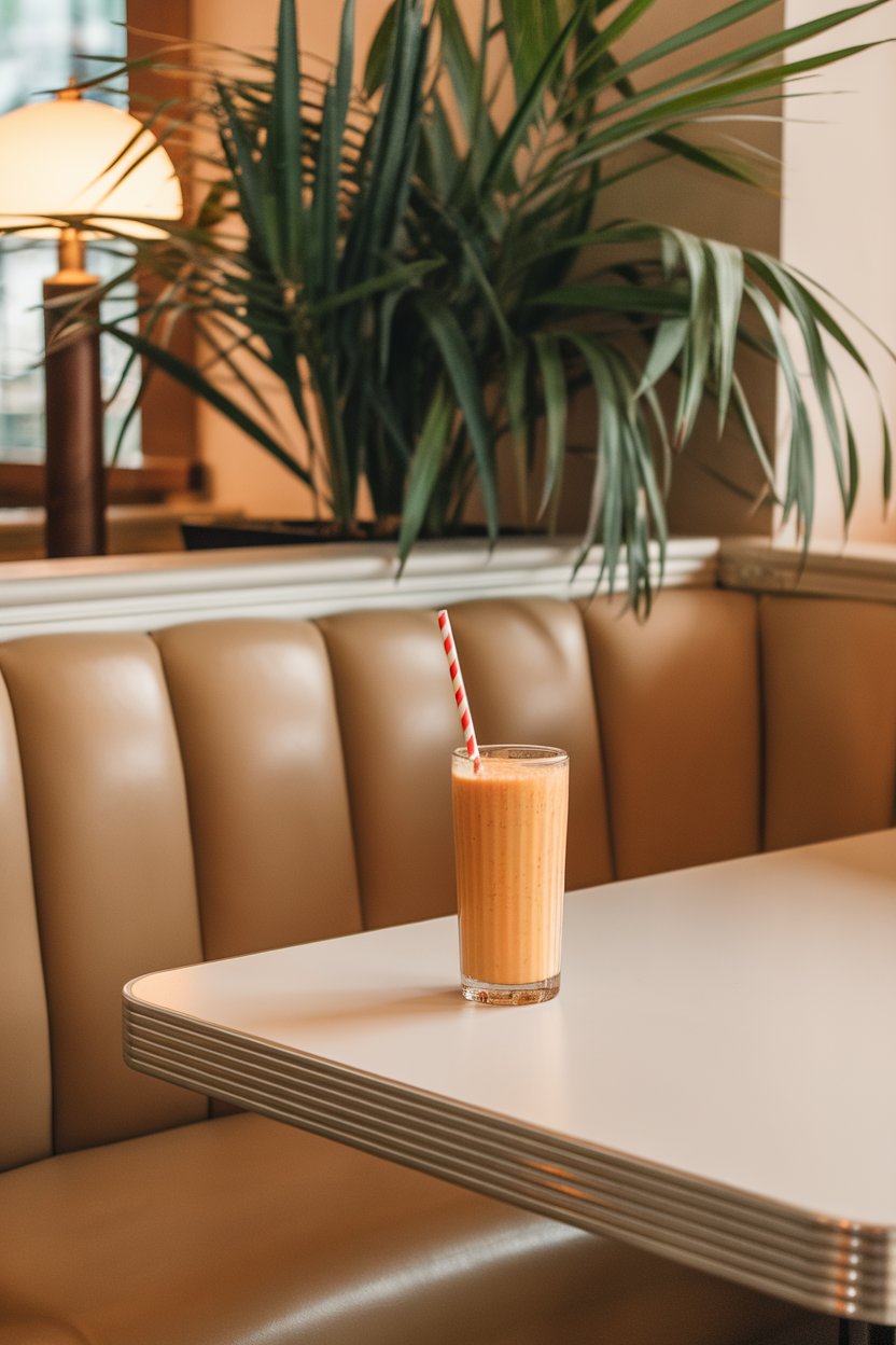Indoor breakfast nook featuring a creamy orange smoothie in a tall diner glass, striped straw, no text or logos.