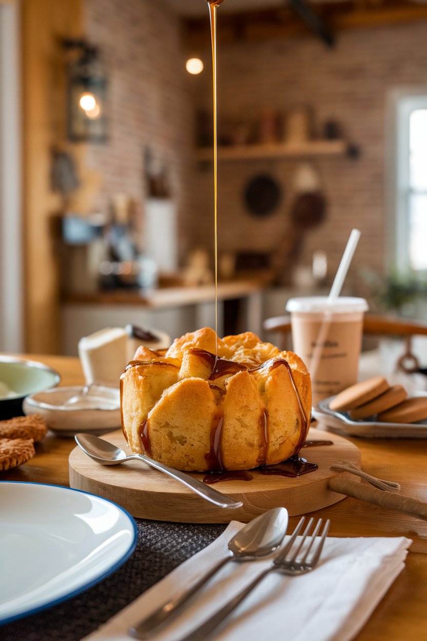 Warm indoor dining table featuring a ramekin of golden bread pudding drizzled with glossy whiskey caramel. Photo, no text or logos.