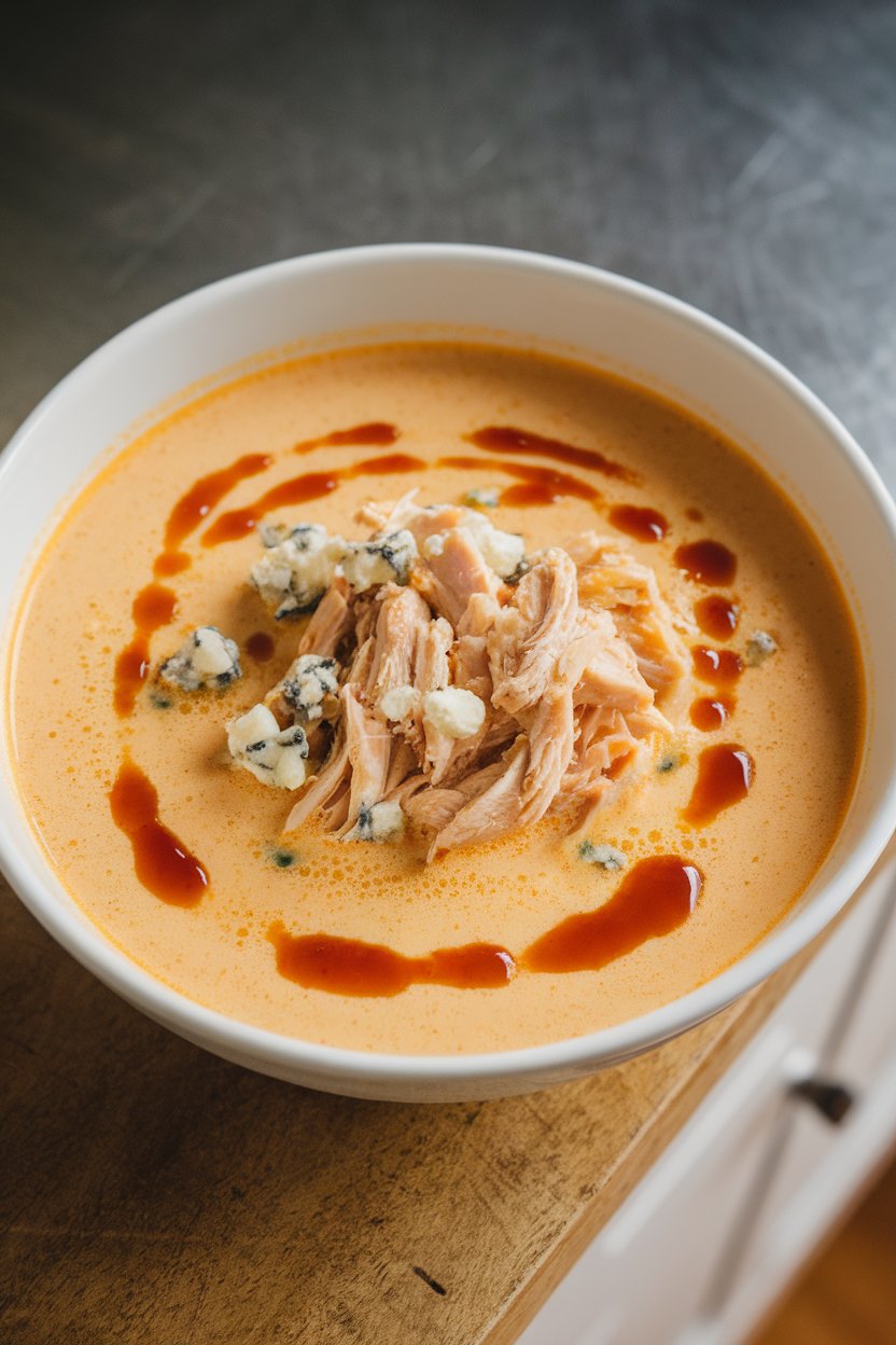 Indoor countertop shot of a creamy orange soup with shredded chicken, blue cheese crumbles, and a drizzle of hot sauce. No text or logos. Photo.