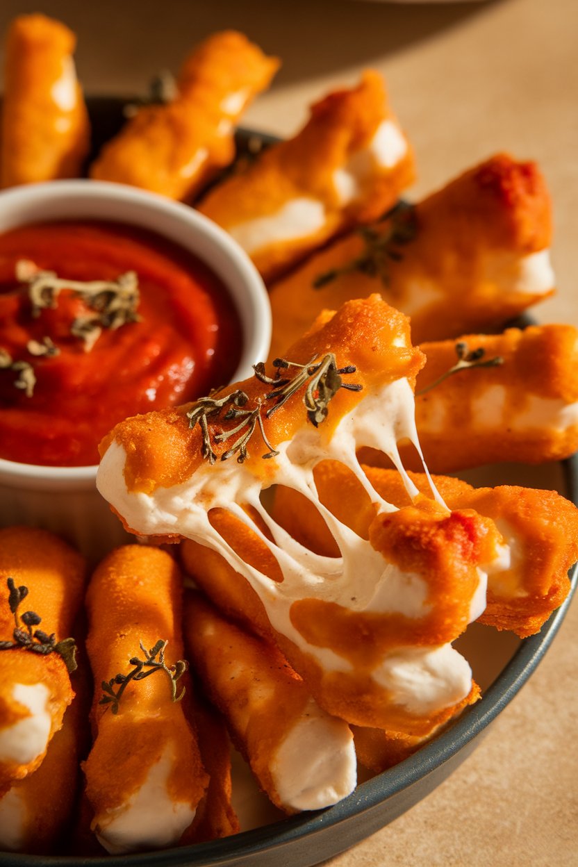 Indoor photo of golden mozzarella sticks with a cheese pull, marinara dip alongside; no text or logos