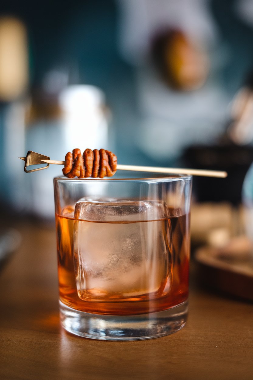 Photo of a rocks glass indoors with amber cocktail, large clear ice cube, toasted pecan garnish on skewer, no text or logos