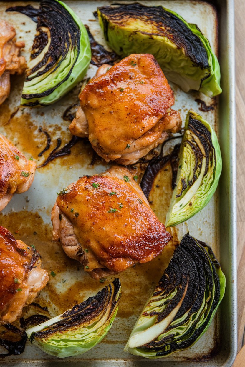 Indoor photo of mustard-beer glazed chicken thighs, charred green cabbage wedges caramelized on the same sheet pan. No text or logos.