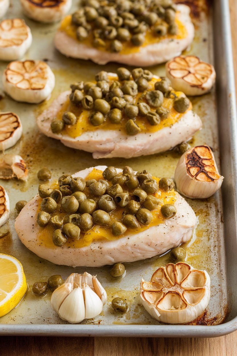 Indoor photo of lemon-caper topped chicken breasts, whole garlic cloves roasted golden on the same sheet pan. No text or logos.
