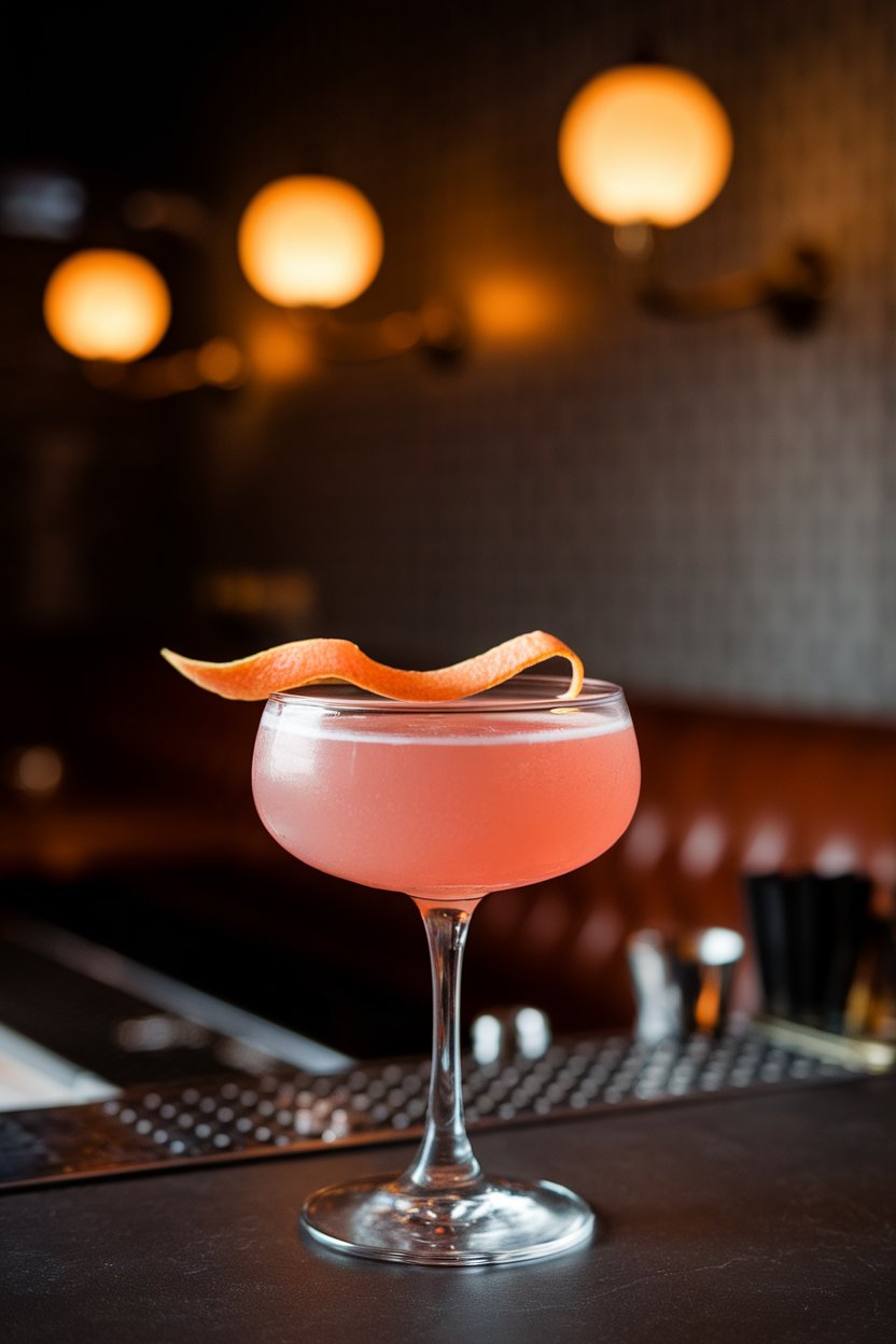 Indoor cocktail bar with a stemmed Nick & Nora glass of pink drink, thin grapefruit twist draped across rim, no text or logos, photo