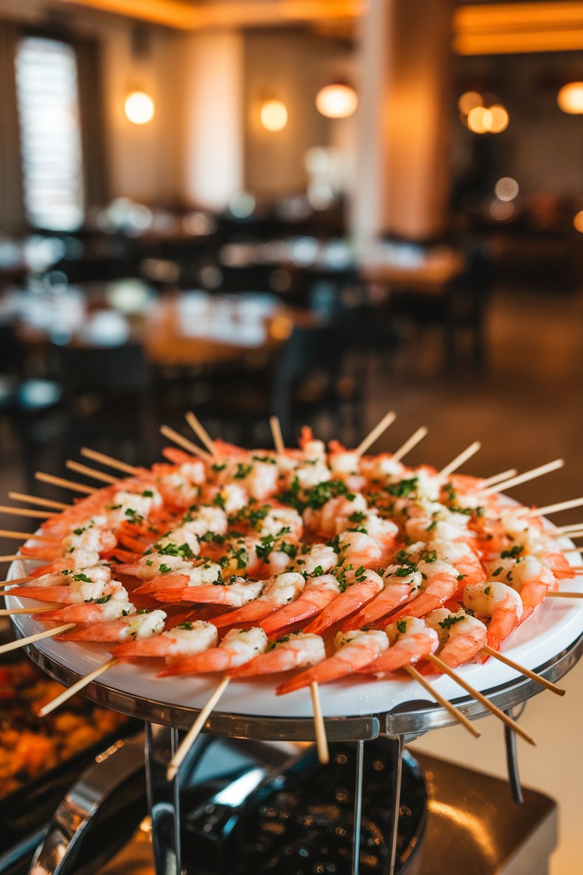 A white platter on an indoor buffet featuring skewered, cooked shrimp glistening with garlic butter, sprinkled with parsley; no text or logos.