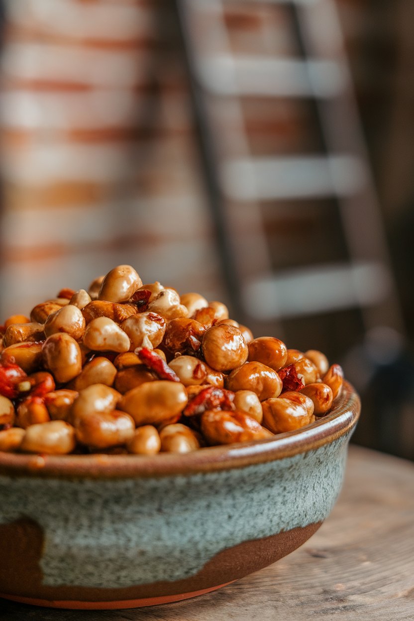 Indoor photo of a ceramic bowl filled with glazed mixed nuts, hints of chili flakes visible, shot close-up. No text or branding anywhere.