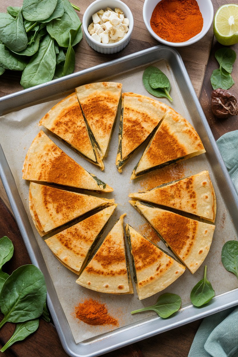 Sheet pan of Indian-spiced spinach and paneer quesadilla wedges, turmeric hue visible, indoor, no branding.