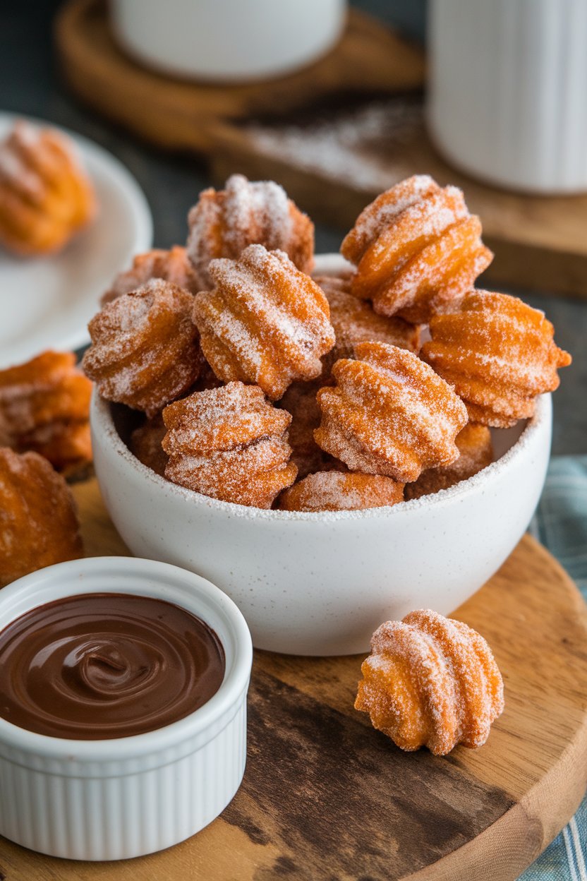 An indoor bowl of small churro bites coated in cinnamon sugar, a ramekin of chocolate sauce alongside, no text or logos.