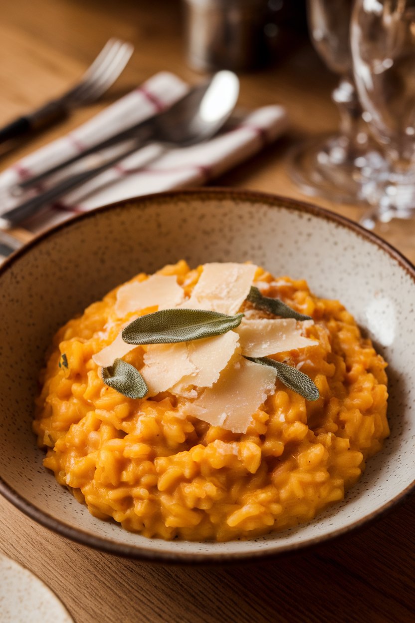 A shallow bowl of creamy butternut squash risotto on an indoor dining table, topped with shaved Parmesan and sage leaves. No text or logos. Photograph.