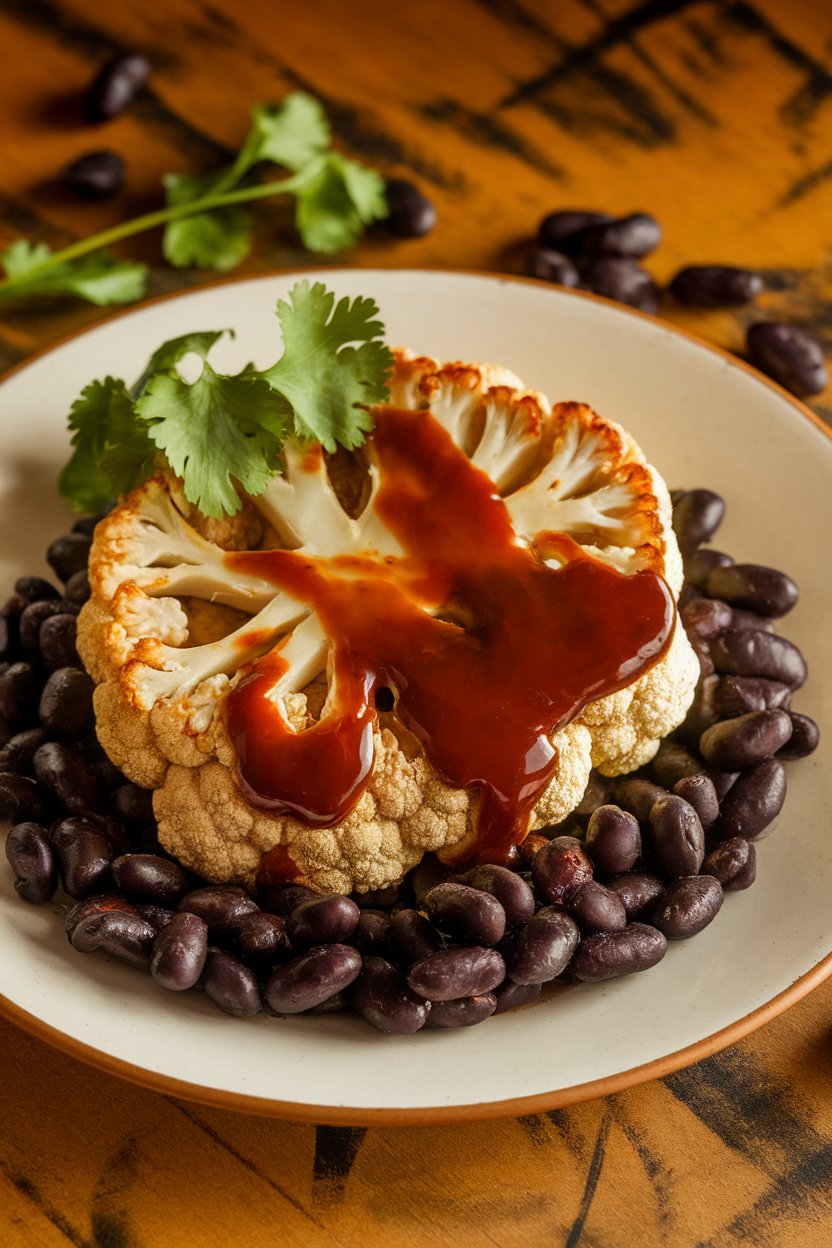 Indoor photo of thick cauliflower steaks brushed with barbecue sauce, roasted black beans scattered around, cilantro leaves on top. No text or logos.