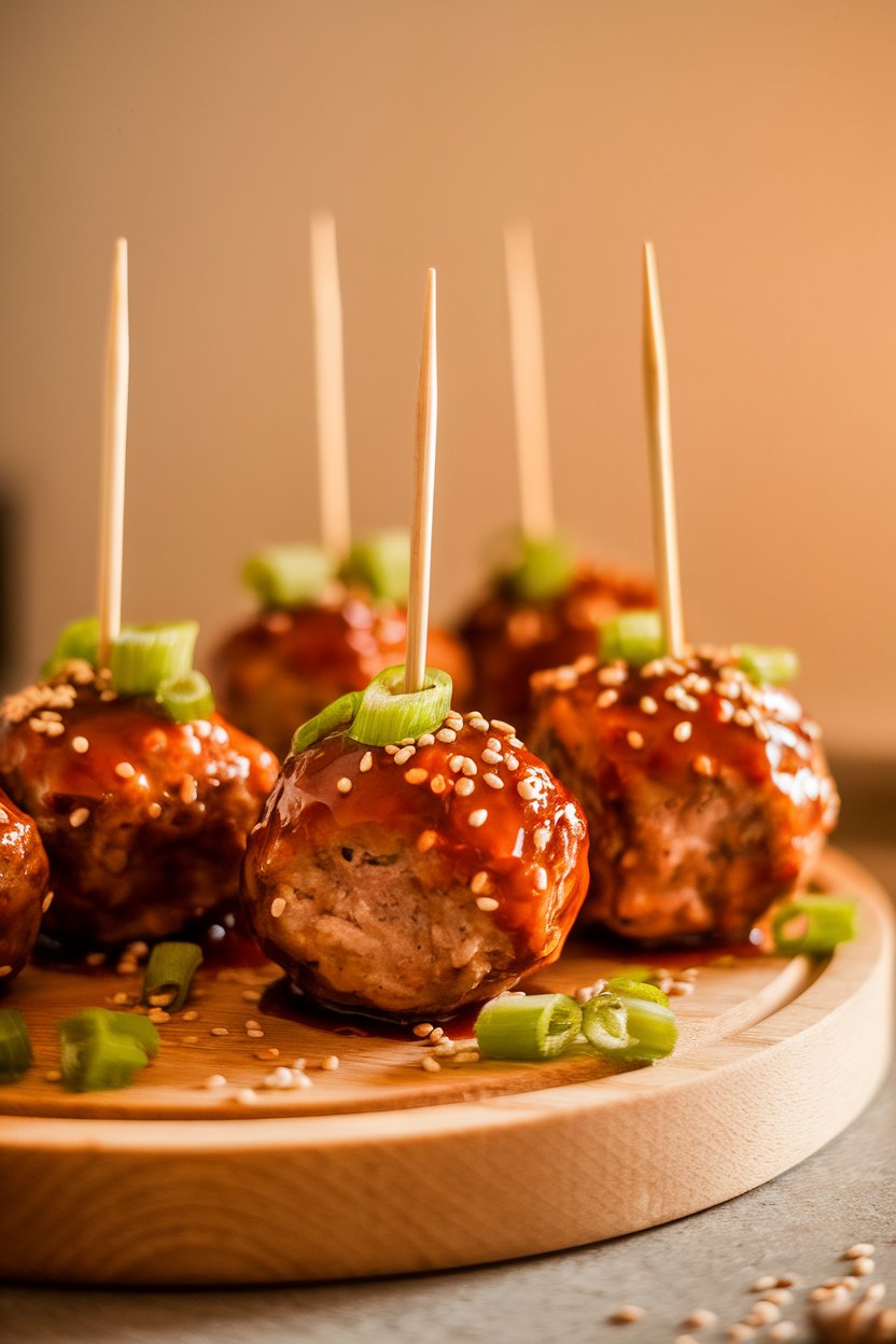 Indoor photo of glazed teriyaki meatballs skewered with toothpicks, sesame seeds and scallions sprinkled on top. No text or logos.