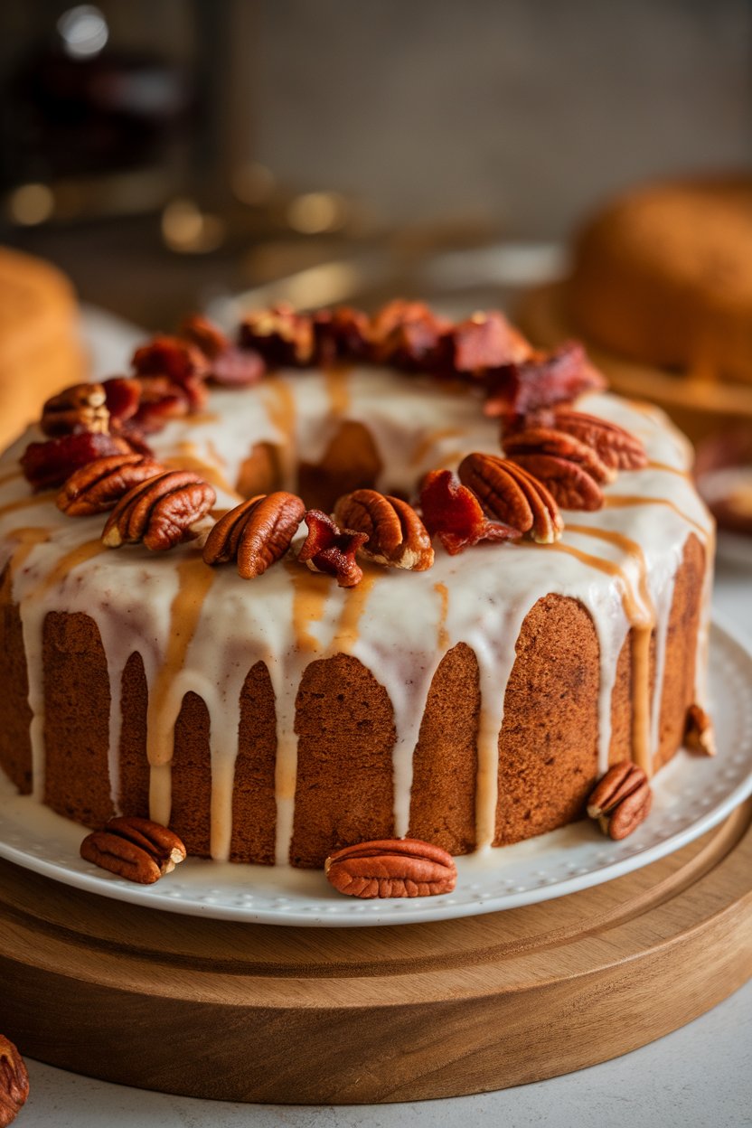 Photo of an iced king cake sprinkled with crispy bacon bits and maple drizzle; indoor setting; no text or logos.