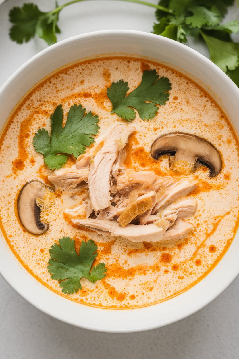 Indoor photo featuring a creamy coconut milk soup with red curry hue, shredded chicken, mushrooms, and cilantro sprigs; served in a simple white bowl, no text or logos.