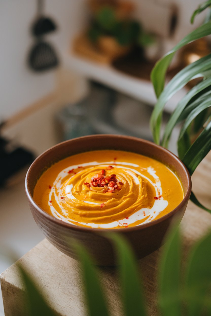 An indoor soup bowl filled with silky orange pumpkin curry, coconut milk swirls, and chili flakes on top. No text or logos.