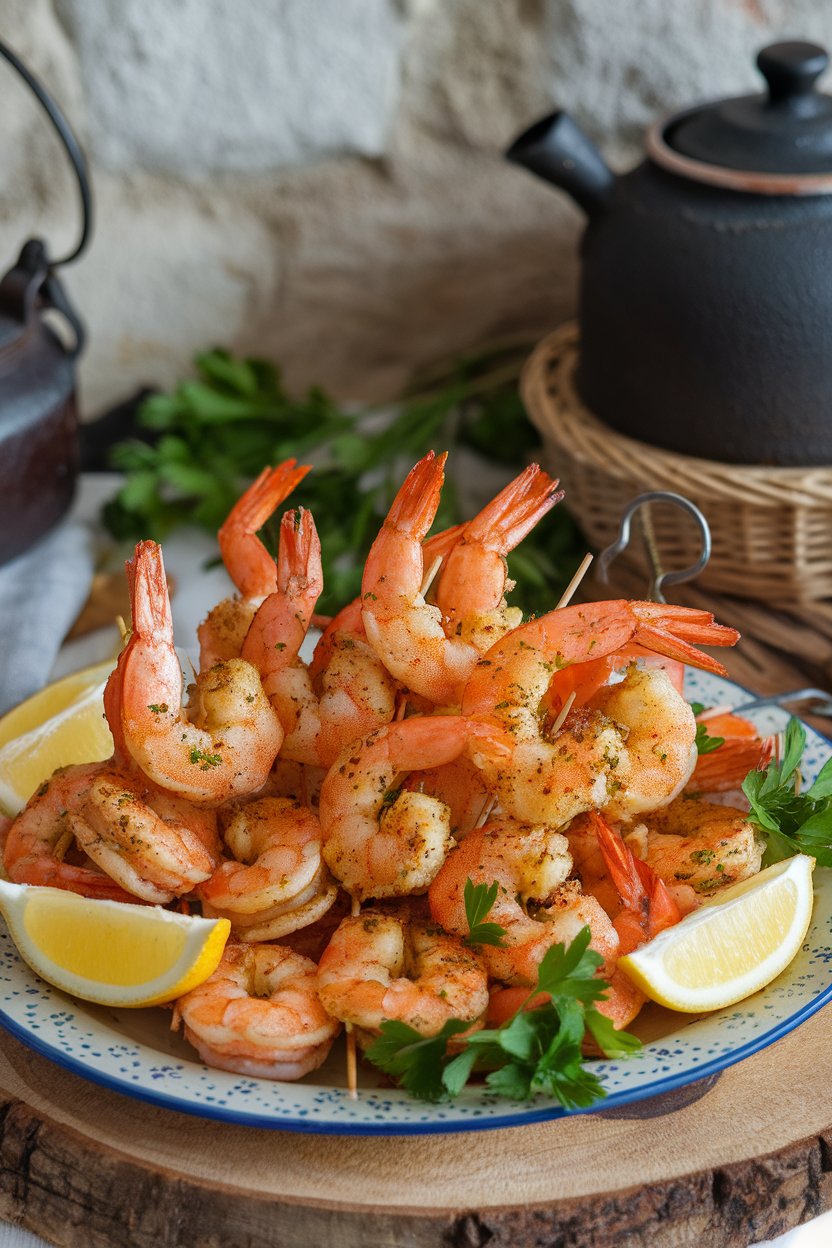 Indoor photo of cooked Cajun-seasoned shrimp threaded on small skewers, resting on a platter with lemon wedges; no text or logos