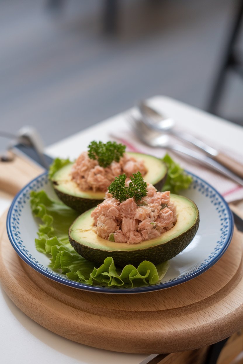 An indoor plate featuring two avocado halves filled with tuna salad, garnished with parsley; no text or logos.