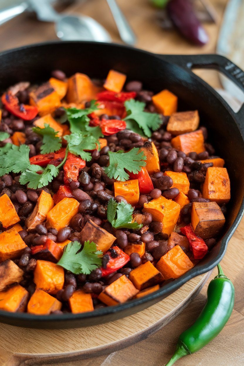 An indoor cast-iron skillet filled with cubed roasted sweet potatoes, black beans, and red peppers, topped with cilantro. No text or logos. Photo, not illustration.