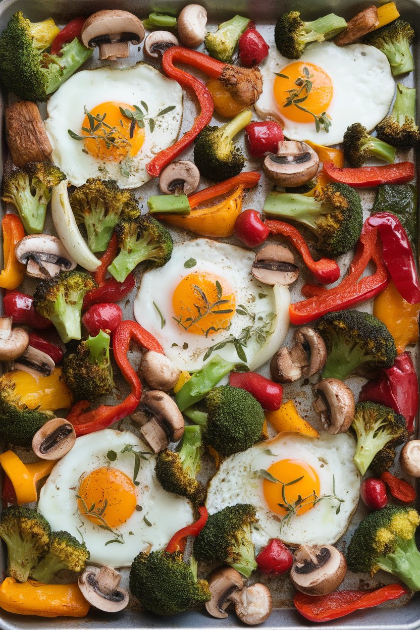 Indoor overhead shot of a sheet pan packed with colorful roasted vegetables—broccoli, peppers, onions, mushrooms—plus baked eggs and a sprinkle of Italian herbs. No text or logos.