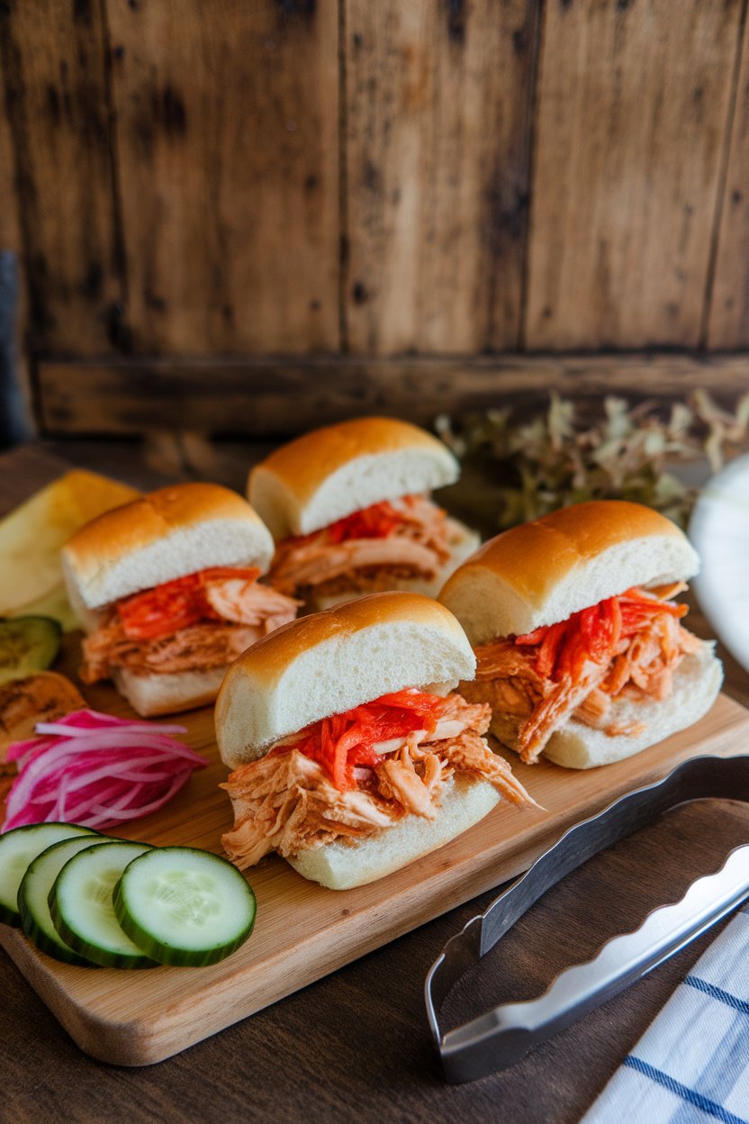 Indoor wooden board lined with mini brioche buns filled with shredded Korean BBQ chicken and kimchi. No text or logos.
