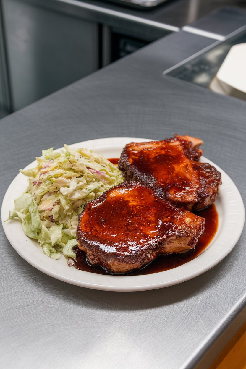 Indoor counter featuring pork chops glazed in dark molasses barbecue sauce, coleslaw side, no text or logos.