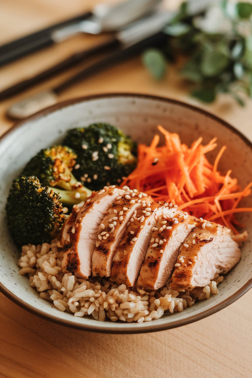Photo of a shallow bowl containing sliced grilled chicken breast, brown rice, roasted broccoli, and shredded carrots, drizzled with sesame seeds, taken indoors. No text or logos.