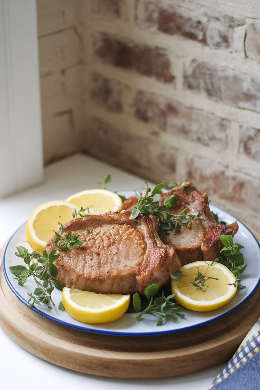 Bright indoor plate of pork chops garnished with lemon slices and fresh herbs, no text or logos.