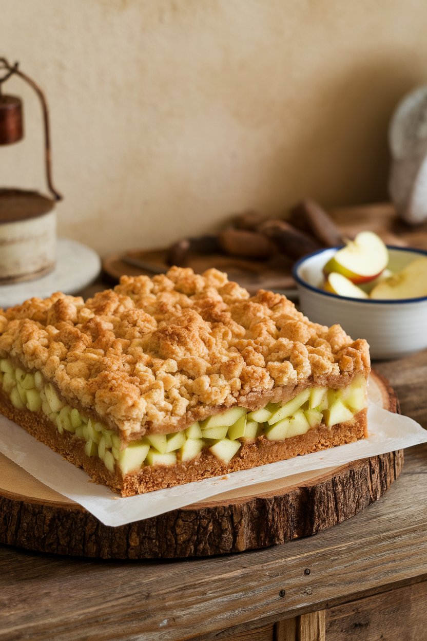An indoor rustic table with square crumble bars layered with diced green apples and oat topping. No text or logos.