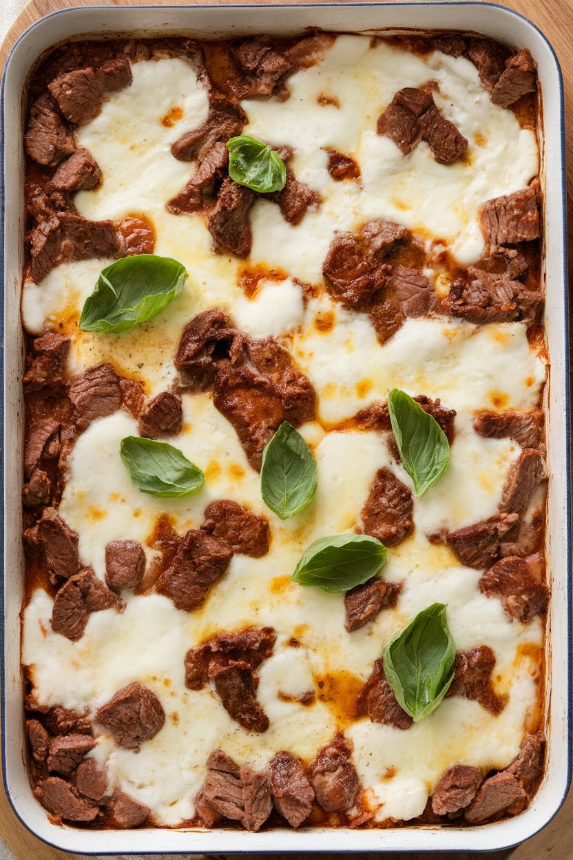 Indoor casserole dish of beef topped with melted mozzarella and torn basil leaves. No text or logos.