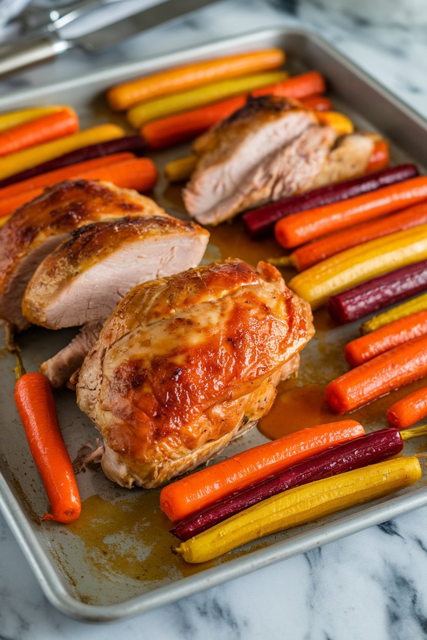 Indoor photo of roasted turkey tenderloin pieces and rainbow carrot sticks coated in orange glaze on a sheet pan. No text or logos.