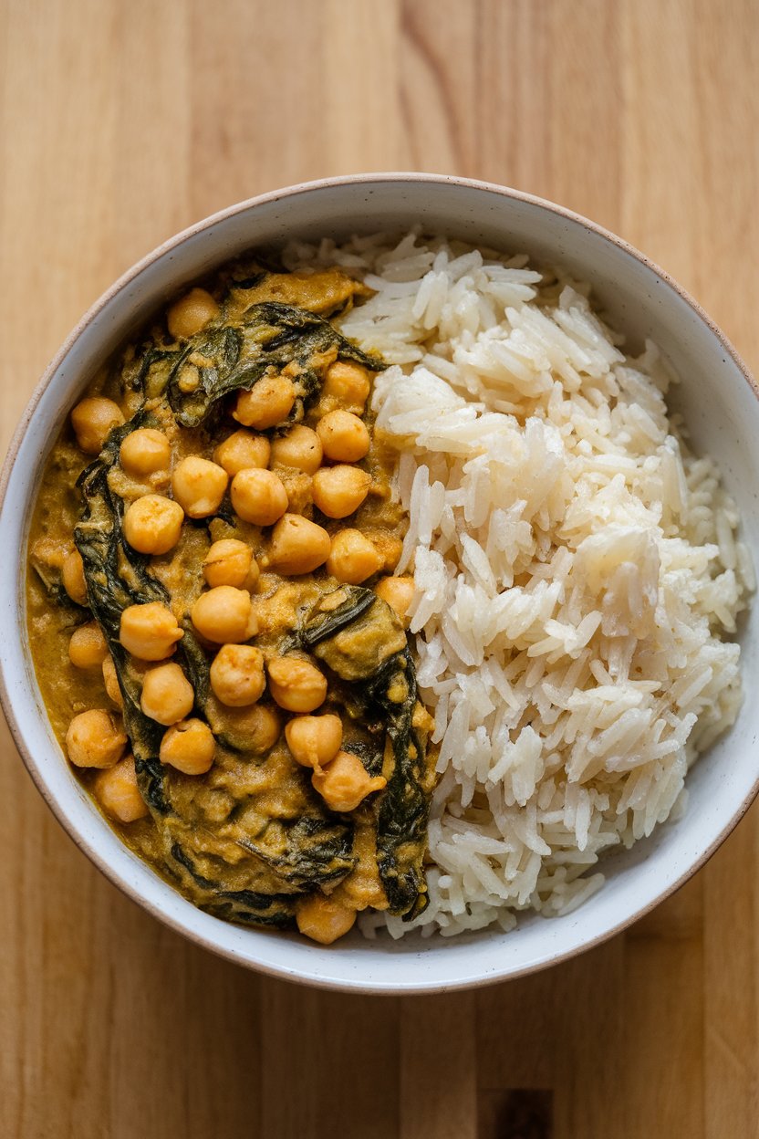 Indoor photo of a meal-prep bowl holding golden chickpea spinach curry next to fluffy basmati rice, no logos or text.