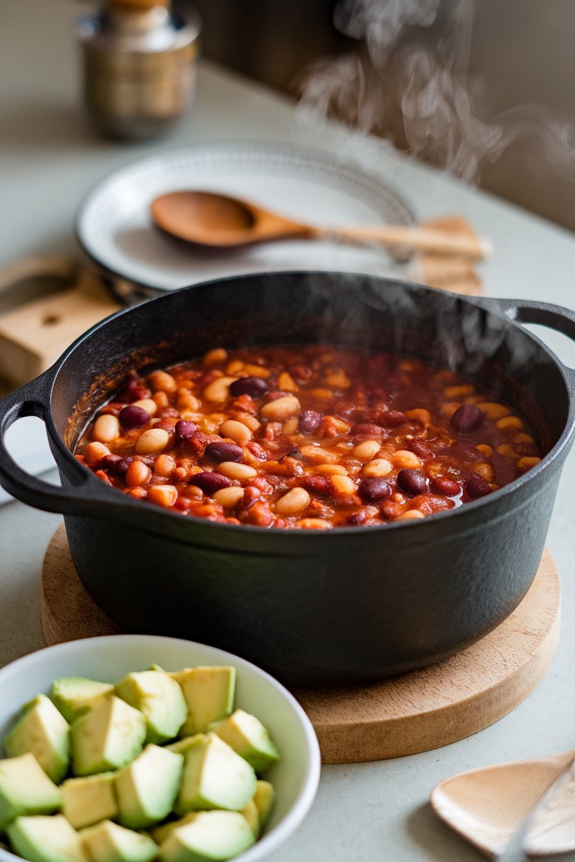 An indoor tabletop scene with a cast-iron pot of chunky three-bean chili, steam rising, and a side dish of avocado cubes ready for topping. No visible text or logos.