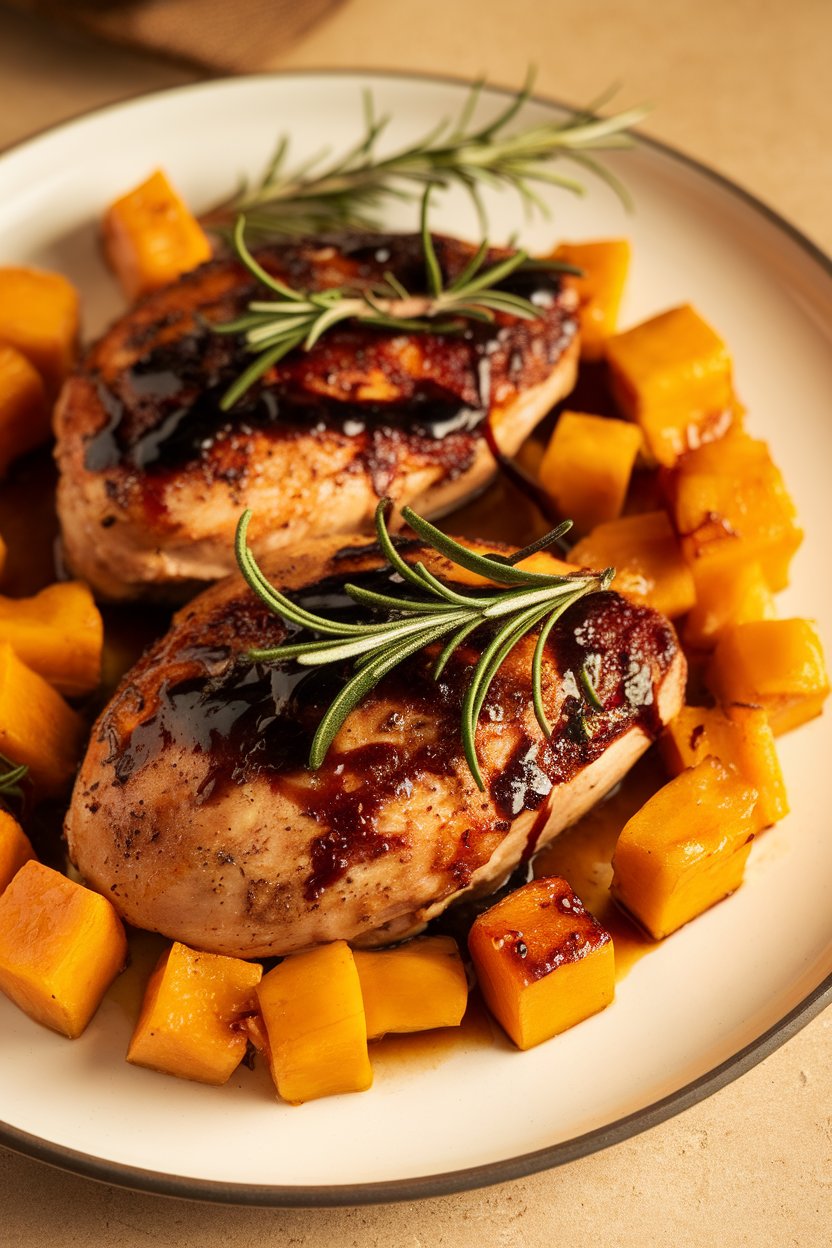 Indoor photo of chicken breasts coated in dark balsamic glaze, diced butternut squash caramelized around them, and rosemary sprigs. No text or logos.