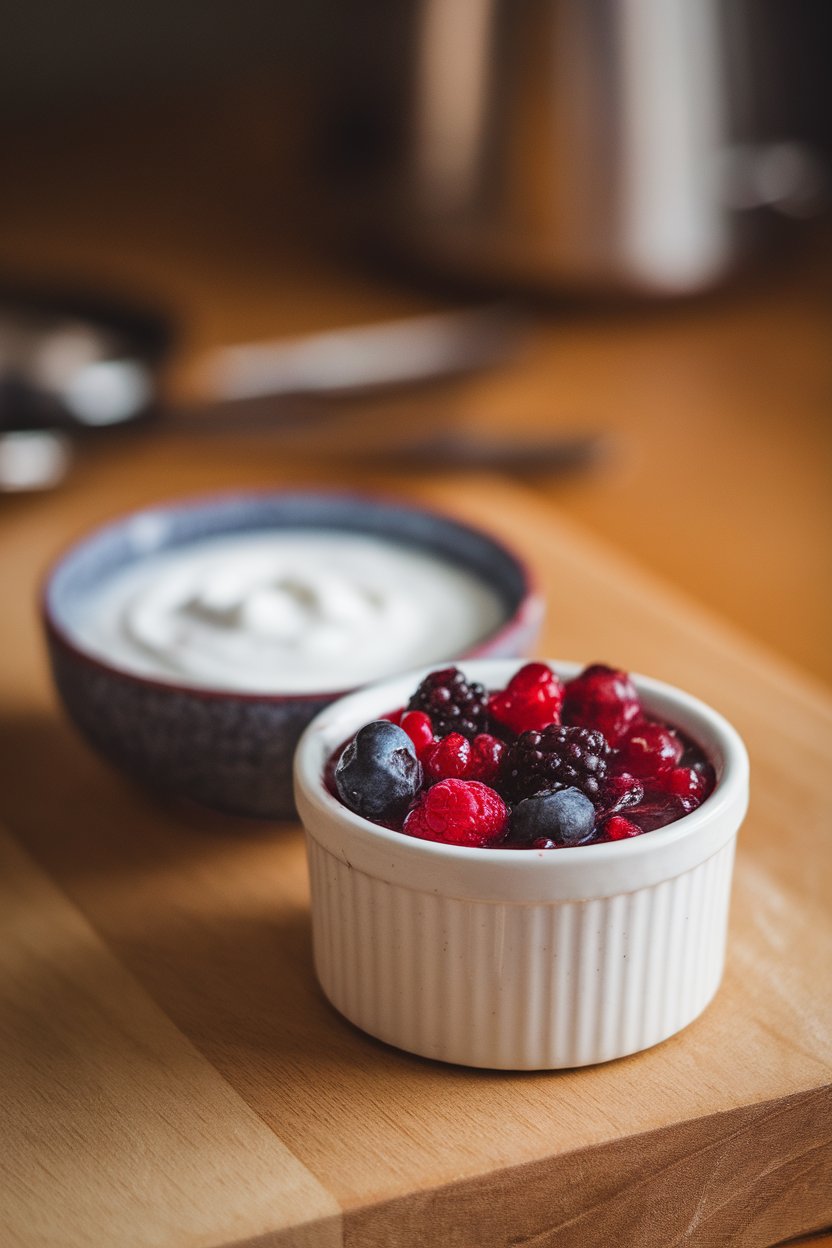 Indoor close-up of a small ramekin of mixed berry compote beside a plain yogurt bowl. No text or logos visible.