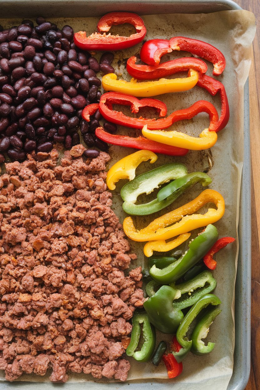 Indoor photo of seasoned ground turkey crumbles, black beans, and colorful peppers roasted together on a sheet pan. No text or logos.