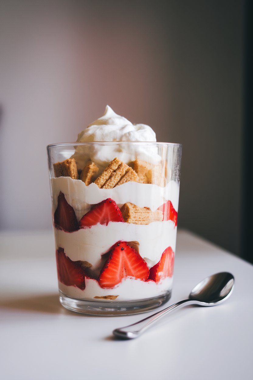 Photo of a clear glass parfait indoors showing layers of whipped cream, biscuit pieces, and macerated strawberries, spoon resting alongside. No text or logos.